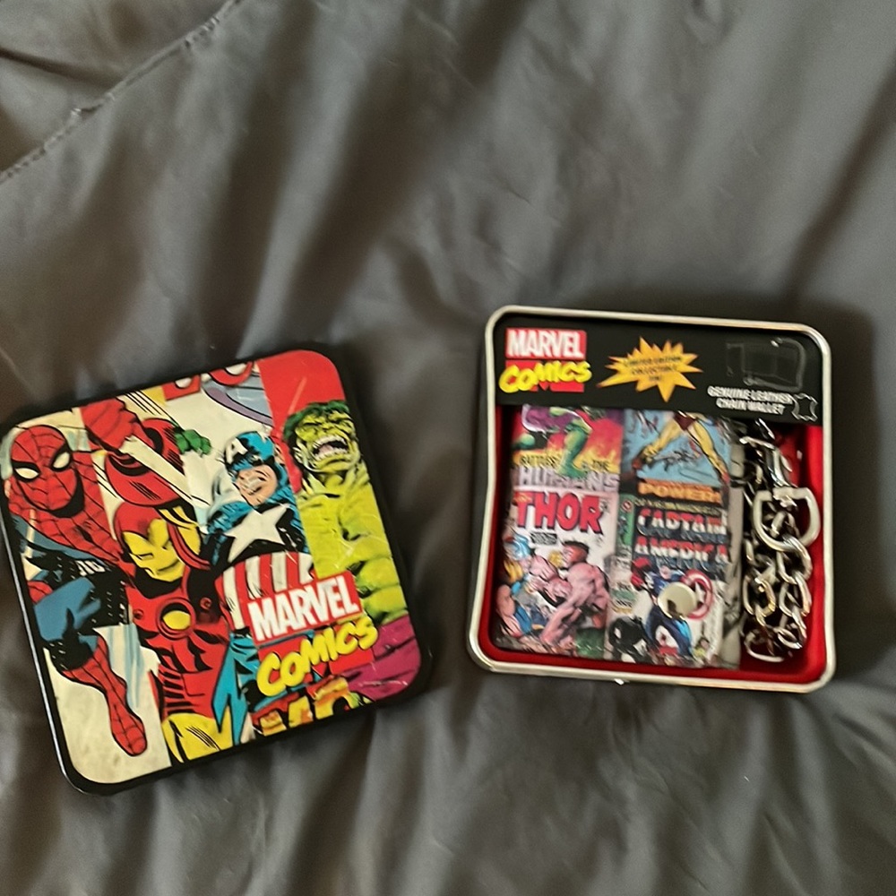 Marvel wallet and metal bin.